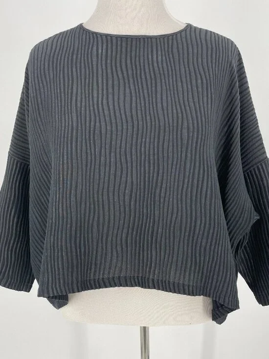 Planet by Lauren G 50% Linen 50% Silk Black Ribbed Boxy Top OS - Picture 1 of 7